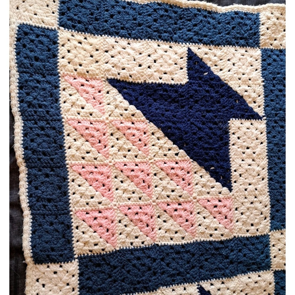 Crocheted Handmade Afghan 60 X 32 Quilt Pattern Blue Pink - Picture 4 of 5